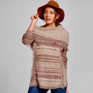 KNOX ROSE Cowl Neck Off Shoulder Sweater Fringe Taupe Rose Cream SMALL ECU